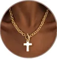 Detail of gold chunky link chain necklace featuring a white cross pendant and toggle clasp - White Enamel Cross Chunky Chain Necklace (x543)