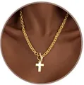 Gold chunky chain necklace with cross pendant and T-bar toggle clasp on model - Chunky Gold Chain Cross Necklace (x542)