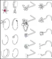 Detail of 18-piece nose stud set featuring cubic zirconia stars and butterfly shapes - e1523 - Silver (Set of 18) / 14k