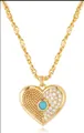 Détail du pendentif cœur avec bordure perlée, pavé de zircons et pierre turquoise - Cœur Asymétrique (金色x916) / 14k