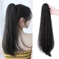 20 inch natural black long straight ponytail hair extension with secure claw clip - 53cm (20 Inch) / Natural Black