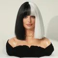 Peluca bob corta bicolor blanco y negro con flequillo para cosplay de Cruella - Bicolor blanco y negro