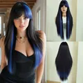 Parrucca lunga liscia 32 pollici nera con colpi di sole blu e viola e frangetta - Meches Blu Neon