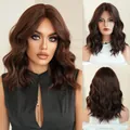 Shoulder-length wavy bob wig in dark brown synthetic hair with a middle part - Honey Pomelo Brown