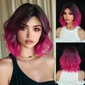 Short ombre bob wig with dark roots and bright rose pink wavy synthetic hair fibers - Rose Pink Gradient