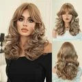 Honey blonde long wavy synthetic wig with soft bangs and voluminous loose curls - Golden Red Meteor