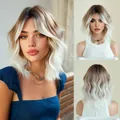 Short wavy ombre bob wig with bangs, dark brown to platinum blonde synthetic hair - Lab Brown