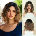 12-inch shoulder length wavy bob wig with ombre dark brown to light brown synthetic hair - Dark Wood Brown Ombre
