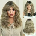 Shoulder-length wavy bob wig with curtain bangs in ash green brown ombre color - Champagne Brown