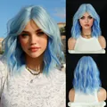 Short wavy light blue bob wig with dark blue highlights and natural heat-resistant curls - Moss Blue