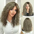 Long wavy synthetic bob wig with bangs in ash brown gradient for a natural hair look - Shrimp Cyan Brown