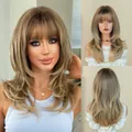 24 inch layered platinum blonde ombre wig with bangs and natural textured synthetic hair - Vanilla Gold