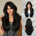 Long wavy black synthetic wig with stylish curtain bangs for a natural-looking hair style - Natural Black