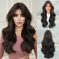 Deep brown long wavy wig with middle part bangs for a natural and elegant look - Black Brown