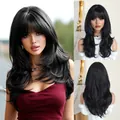 Long wavy natural black wig with bangs featuring high quality synthetic layered texture - Natural Black