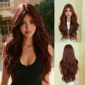 Deep auburn long wavy wig with natural middle part and soft synthetic layers - Orange Red