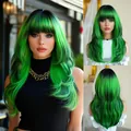 24-inch long layered wavy wig with flat bangs in gradient neon green and black - Siren Green