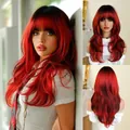 24 inch long layered ombre wig with bangs transitioning from dark roots to bright red tips - Brilliant Red