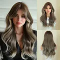 26-inch long wavy ombre brown to blonde wig with side-parted bangs and natural finish - Honey Tea Brown