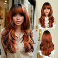 Ginger orange and black layered wig with bangs in a natural long wavy hairstyle - Flame Orange