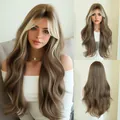 26-inch brown long wavy wig with blonde highlights and middle part for women - Honey Tea Gold