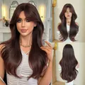 26-inch mahogany long wavy wig with French bangs featuring natural high-quality synthetic hair - Wine Red Highlights