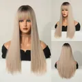 Detailed views of long straight ombre blonde wig with bangs from front, side and back - Long Style / Ombre Champagne Blonde