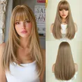 Light linen blonde long straight wig with bangs shown in front, back and side views - Morandi Tea Brown