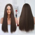Chestnut brown T-part long straight lace front wig with natural hairline and middle part - Cool Brown