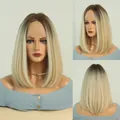 Shoulder-length blonde ombre bob wig with lace front for natural hair look - Blonde Highlight (Dark Roots) / Standard Length