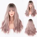 22-inch long wavy ombre wig with bangs in dark brown to smoky pink gradient - Gradient Smoky Ash Pink