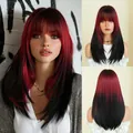 20-inch natural straight hair wig with blunt bangs and dark red to black ombre gradient - Berry Red Gradient