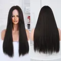 Long straight natural black lace wig with deep brown tones shown on model - Dark Brown