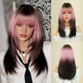 Pink to dark brown gradient medium-length wig with bangs and layered straight hair - Pink Gradient