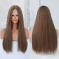Long straight lace front wig in light brown finish showing front and back views - Honey Tea Color