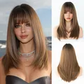 Shoulder-length straight layered wig with bangs in natural brown gradient finish - Honey Tea
