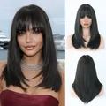 Natural black 20-inch straight wig with bangs, shoulder-length layered synthetic hair - Natural Black
