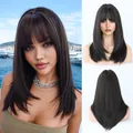 20-inch natural black straight layered wig with bangs for a realistic shoulder-length look - Dark Brown
