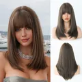 Mid-length dark ash brown hair wig with French bangs and natural straight texture - Cool Brown