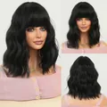 Short wavy black wig with flat bangs displayed in three multi-angle views - 37cm / Natural Black