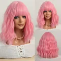 Short wavy bright pink wig with flat bangs, synthetic shoulder-length curly hairpiece - 37cm / Pink