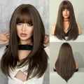 Long straight dark brown wig with air bangs and natural matte hair texture - Cool Brown