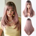 Long layered pink purple wig with air bangs and natural dark gradient roots - Pink Brown With Brown Roots