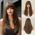 Long straight brown wig with blonde highlights and airy bangs, full hairpiece for women - Honey Gold Highlights