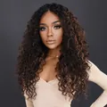 Long deep wave lace front wig for black women in brown highlight 26 inch synthetic hair - Deep Wave (26 Inch) / Black and Brown Highlights