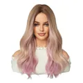 Long wavy ombre pink wig for women featuring a middle part and realistic brown gradient - 54cm / Pink Ombre