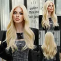 Long platinum blonde wavy lace wig for women with natural curls in front side and back views - Long Curly Style (SZ5053-1) / Light gold
