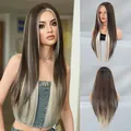 Long straight dark brown wig with blonde face-framing highlights shown from multiple views - 83cm / Deer Brown Highlight