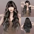 Long wavy wig with flat bangs in dark coffee featuring silver grey highlights - Black With Off-White Highlights