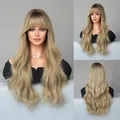 Long ombre blonde wavy wig with flat bangs shown in front, side, and back views - Ombre Blonde